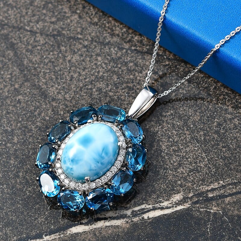 D'Joy AAA Larimar and Multi Gemstone 20.85 ctw Ocean Light Halo Pendant Necklace in Rhodium Over Sterling Silver 20 Inches