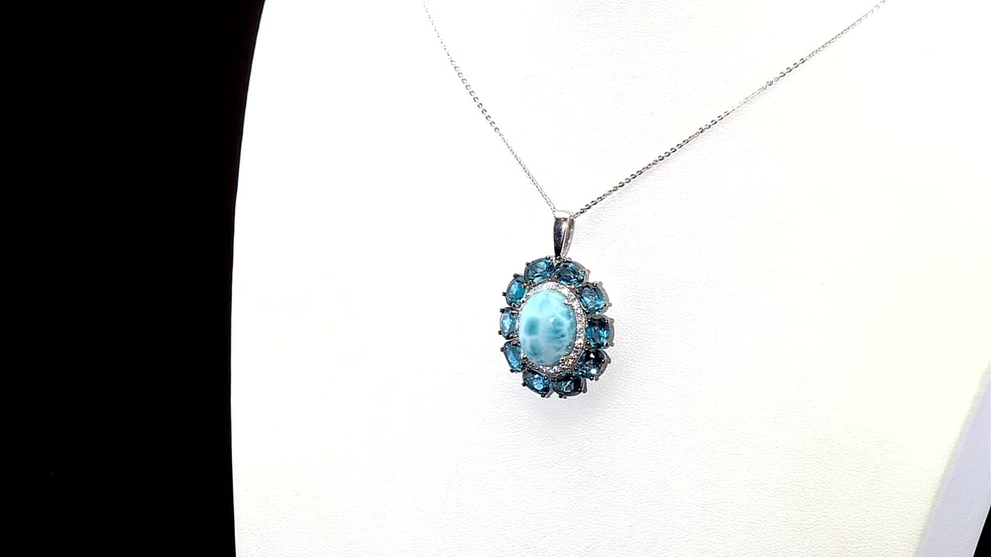 D'Joy AAA Larimar and Multi Gemstone 20.85 ctw Ocean Light Halo Pendant Necklace in Rhodium Over Sterling Silver 20 Inches