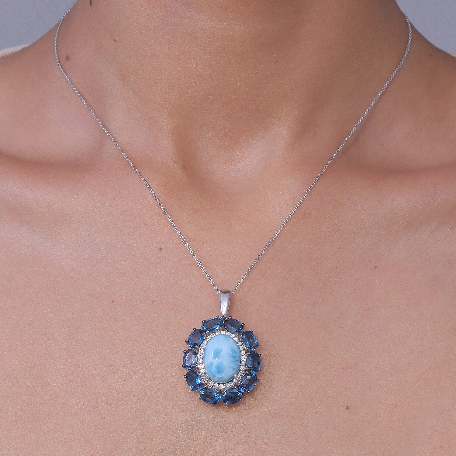 D'Joy AAA Larimar and Multi Gemstone 20.85 ctw Ocean Light Halo Pendant Necklace in Rhodium Over Sterling Silver 20 Inches