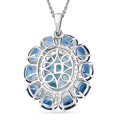 D'Joy AAA Larimar and Multi Gemstone 20.85 ctw Ocean Light Halo Pendant Necklace in Rhodium Over Sterling Silver 20 Inches