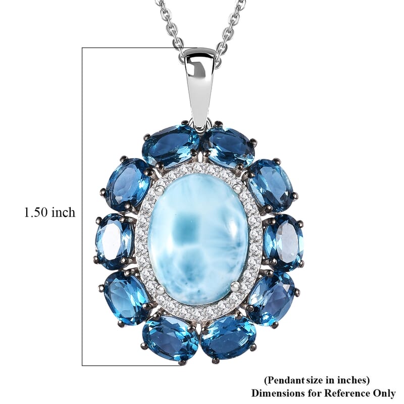 D'Joy AAA Larimar and Multi Gemstone 20.85 ctw Ocean Light Halo Pendant Necklace in Rhodium Over Sterling Silver 20 Inches