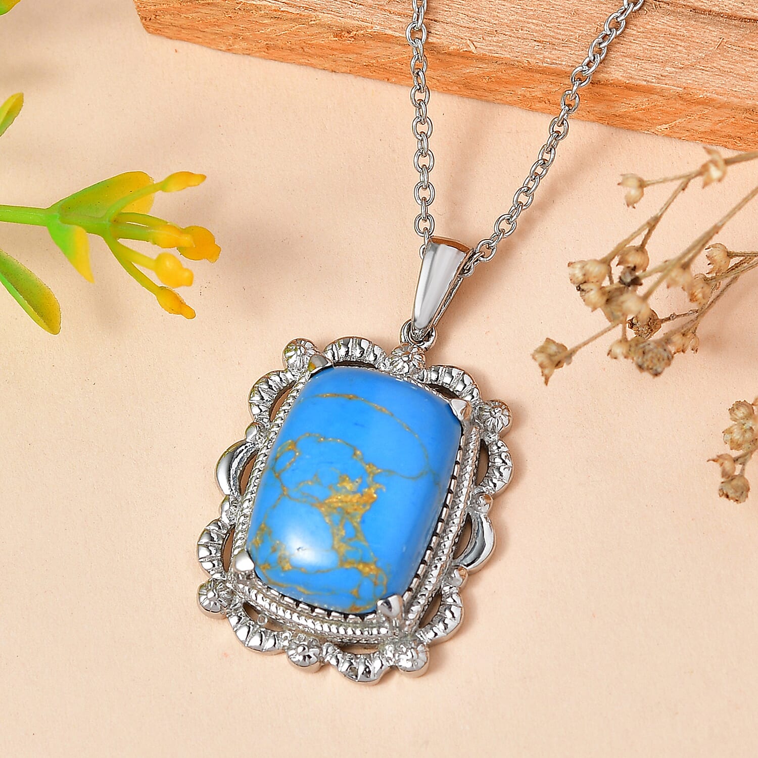 EverTrue Mojave Blue Turquoise 11.85 ctw Pendant Necklace in Stainless Steel 20 Inches