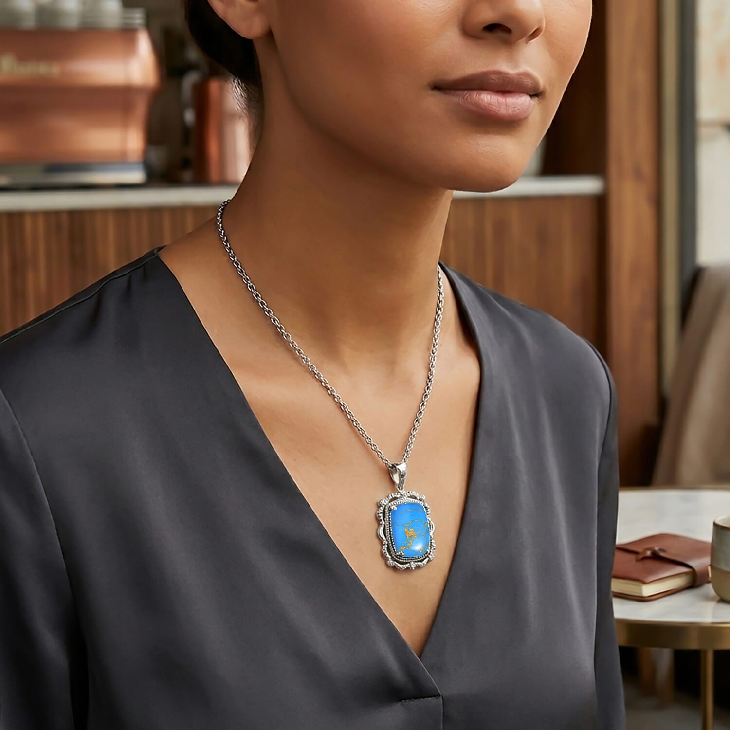 EverTrue Mojave Blue Turquoise 11.85 ctw Pendant Necklace in Stainless Steel 20 Inches