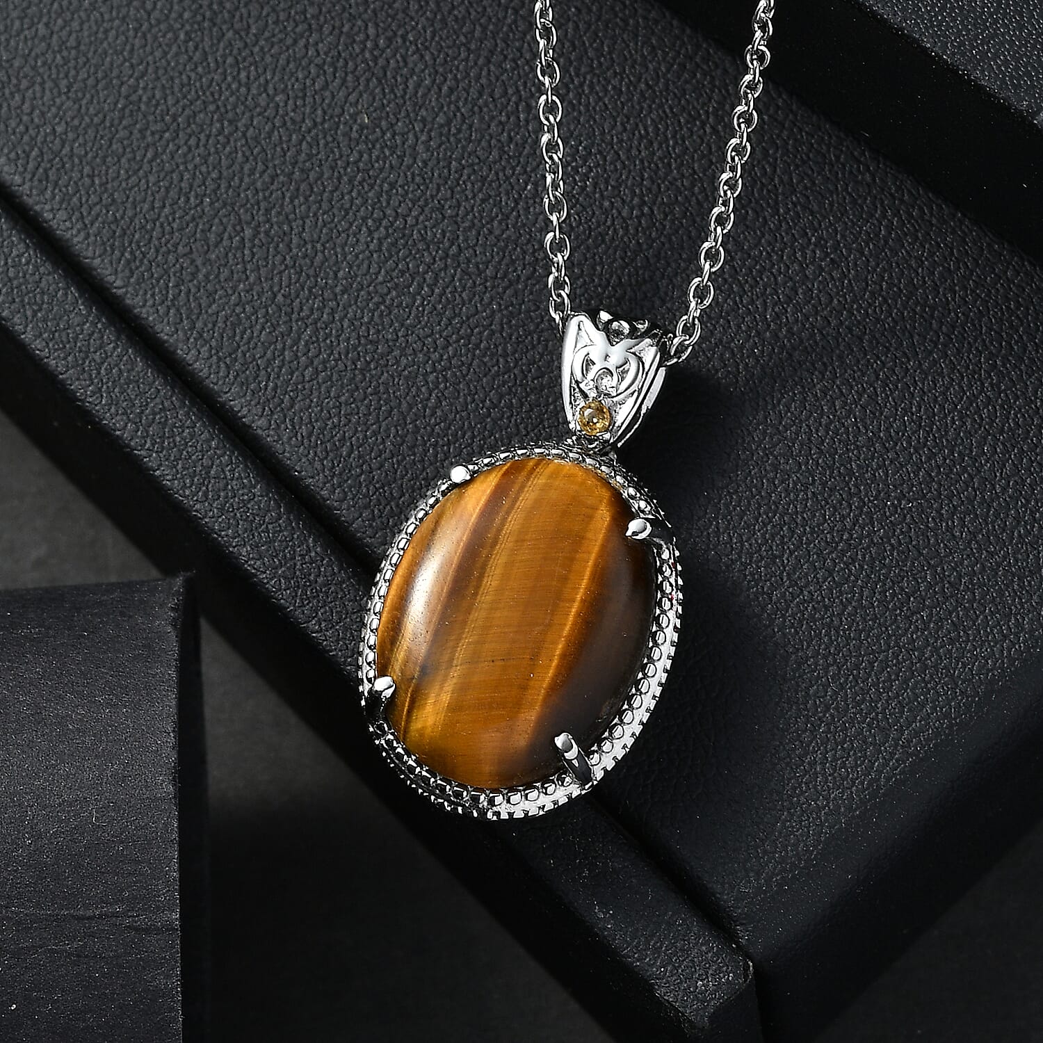 EverTrue Tigers Eye and Brazilian Citrine 13.15 ctw Pendant Necklace in Stainless Steel 20 Inches