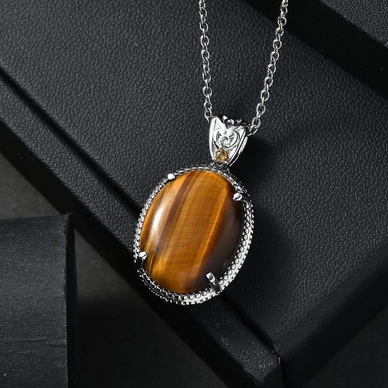 EverTrue Tigers Eye and Brazilian Citrine 13.15 ctw Pendant Necklace in Stainless Steel 20 Inches