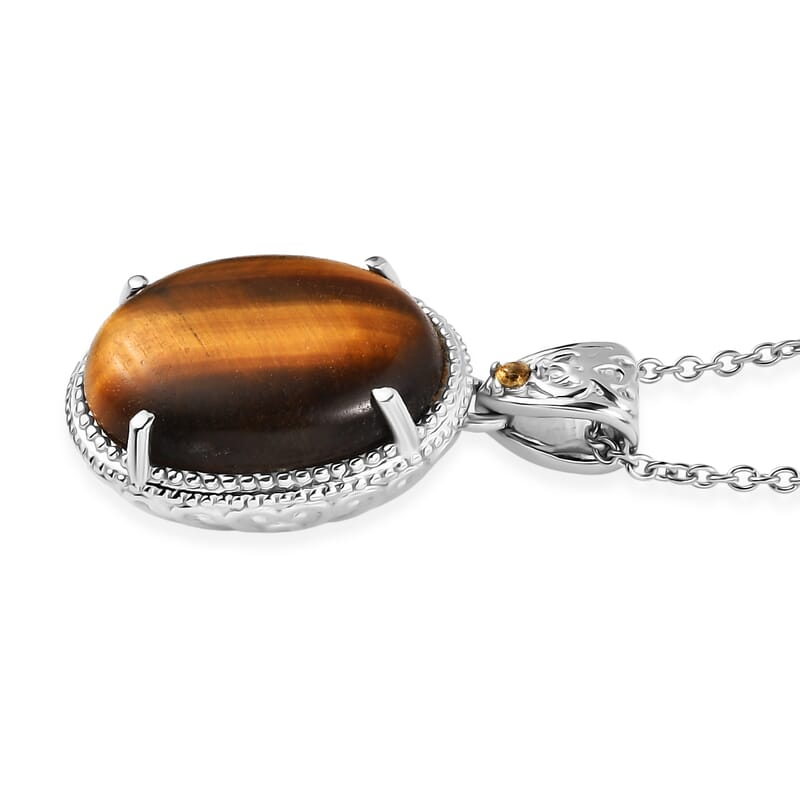 EverTrue Tigers Eye and Brazilian Citrine 13.15 ctw Pendant Necklace in Stainless Steel 20 Inches