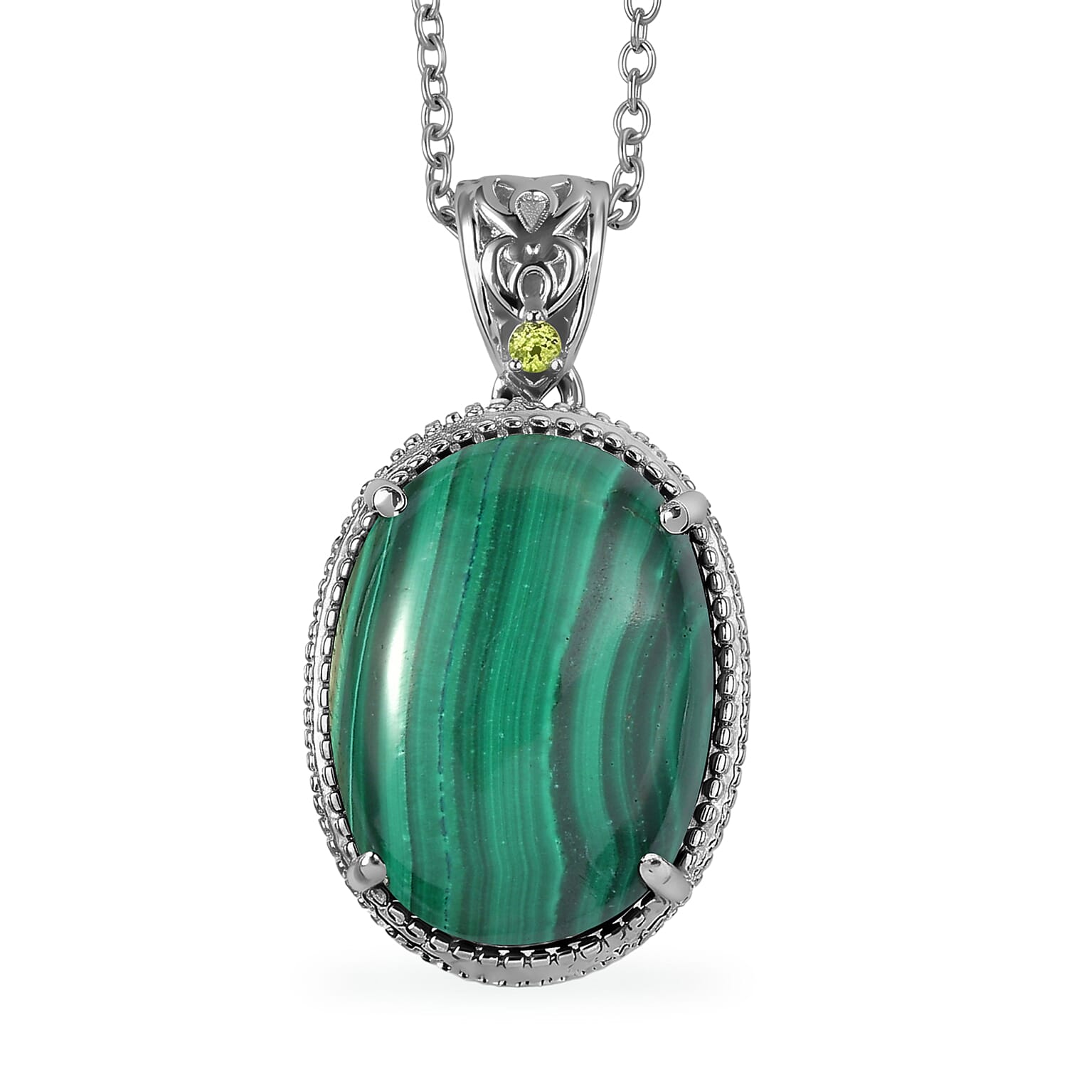 EverTrue African Malachite and Hebei Peridot 22.20 ctw Pendant Necklace in Stainless Steel 20 Inches