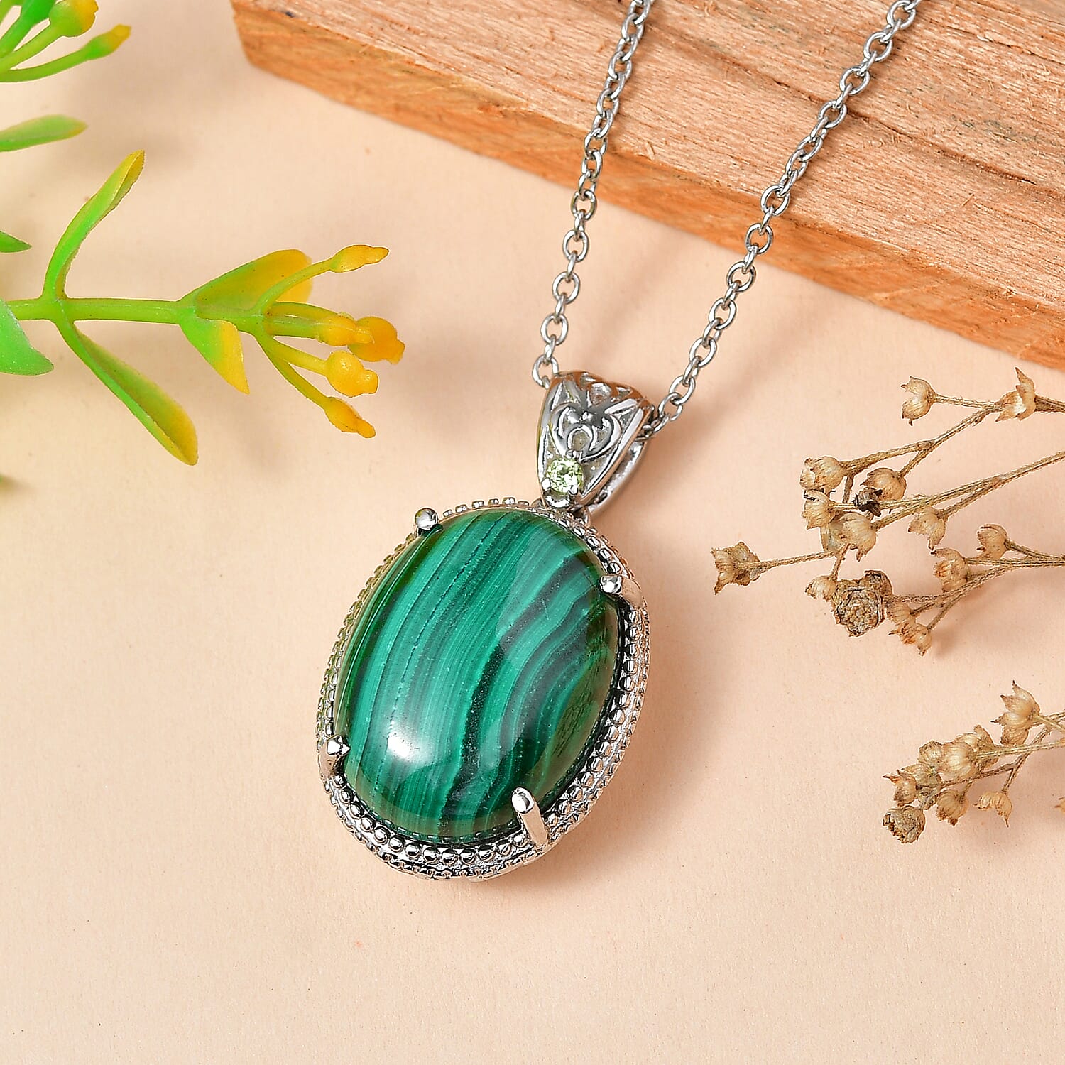 EverTrue African Malachite and Hebei Peridot 22.20 ctw Pendant Necklace in Stainless Steel 20 Inches