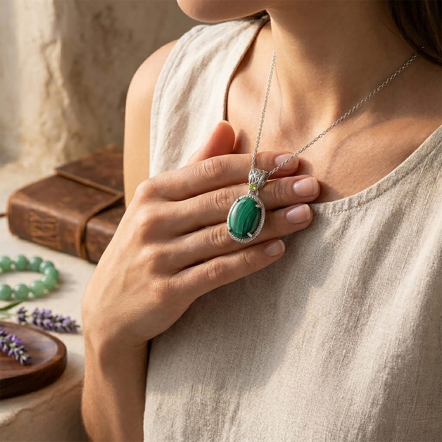 EverTrue African Malachite and Hebei Peridot 22.20 ctw Pendant Necklace in Stainless Steel 20 Inches