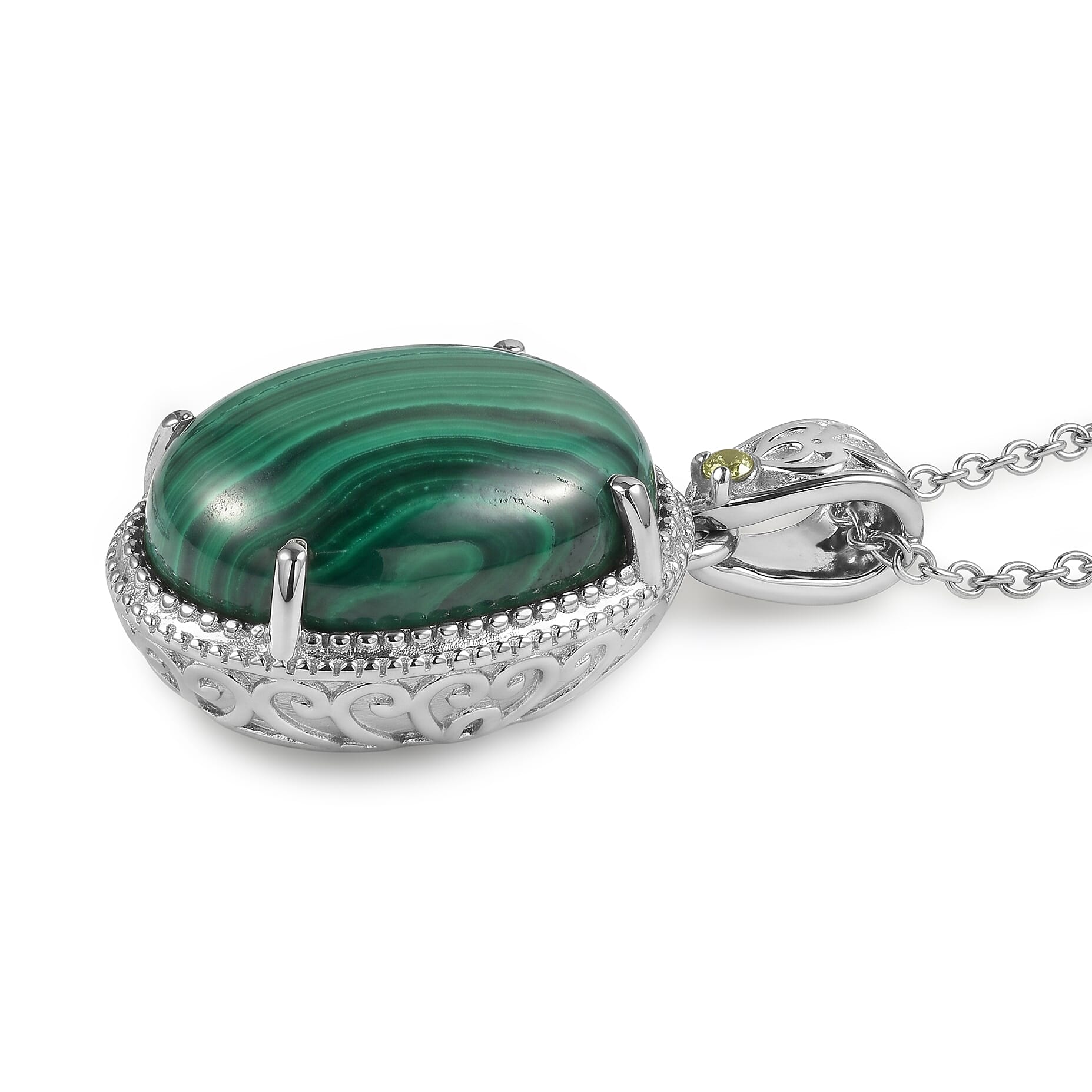 EverTrue African Malachite and Hebei Peridot 22.20 ctw Pendant Necklace in Stainless Steel 20 Inches