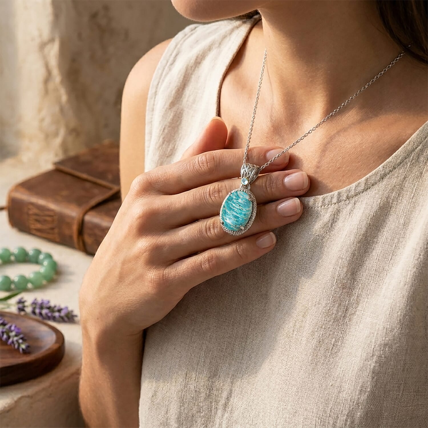 EverTrue Amazonite and Apatite 16.00 ctw Pendant Necklace in Stainless Steel 20 Inches