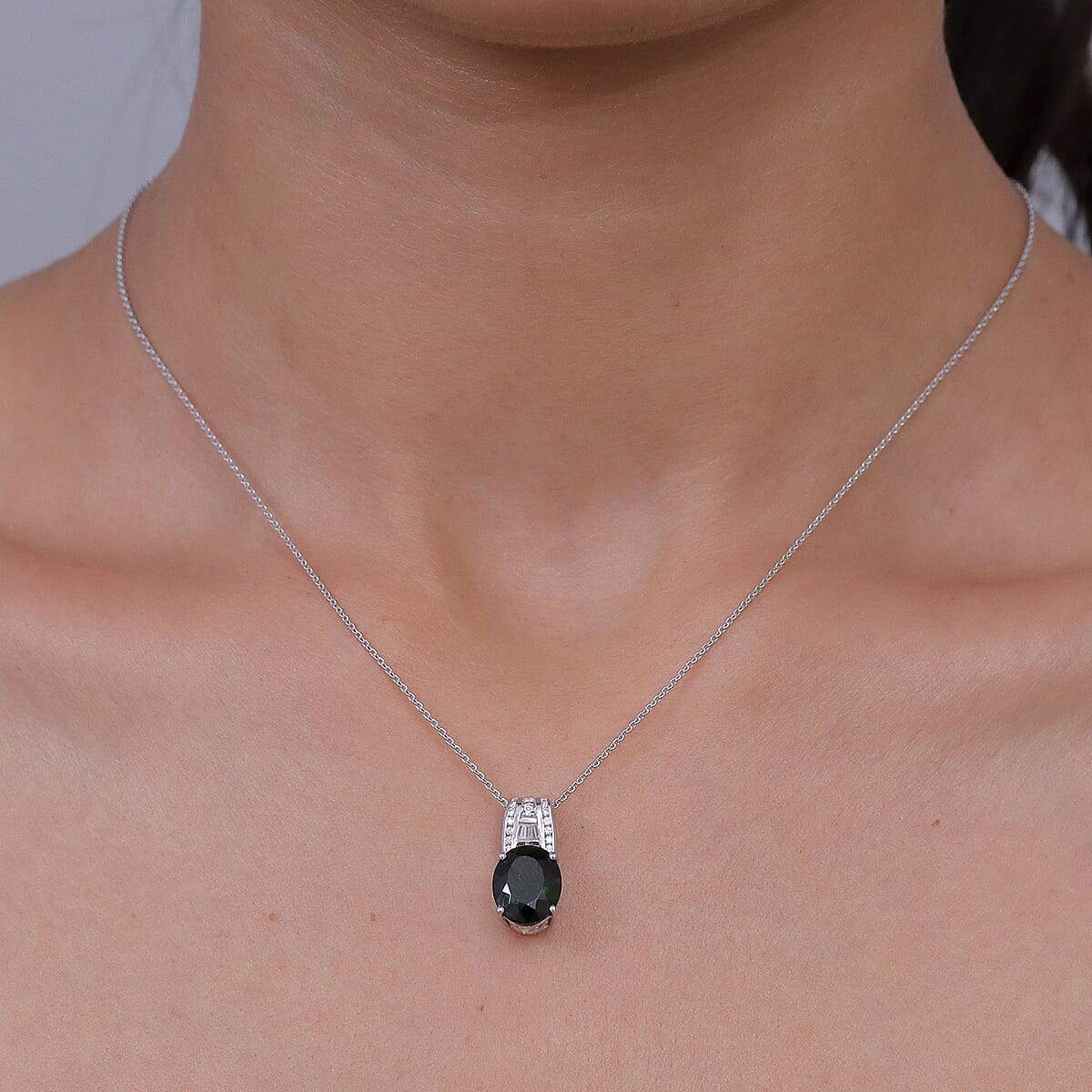 D'Joy Chrome Diopside and Moissanite 4.25 ctw Evergreen Glow Pendant Necklace in Rhodium Over Sterling Silver 20 Inches image number 2