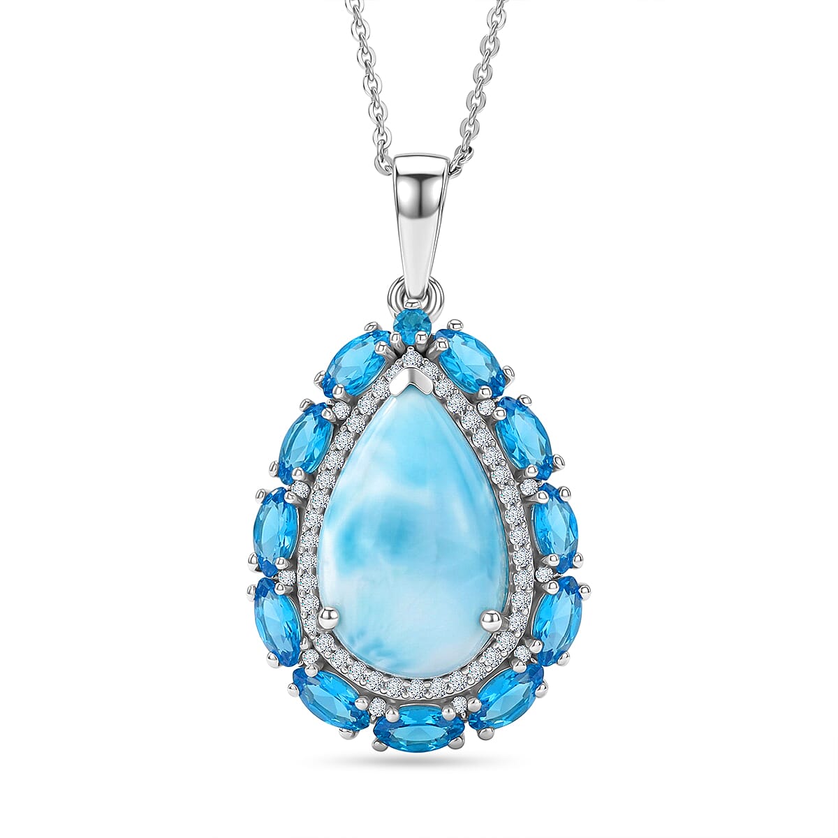 D'Joy AAA Larimar and Multi Gemstone 10.70 ctw Tidal Bloom Pendant Necklace in Rhodium Over Sterling Silver 20 Inches