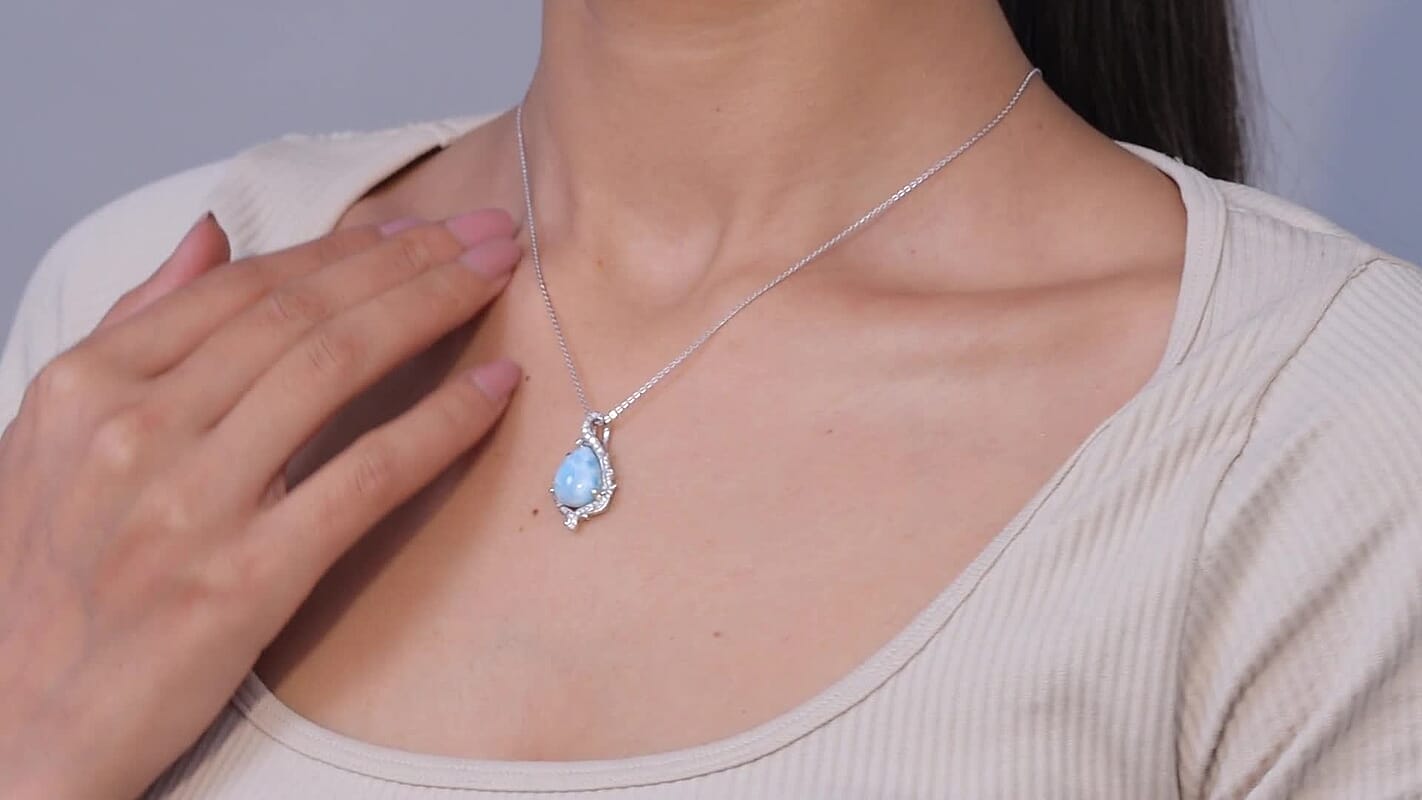 D'Joy AAA Larimar and Multi Gemstone 10.70 ctw Tidal Bloom Pendant Necklace in Rhodium Over Sterling Silver 20 Inches
