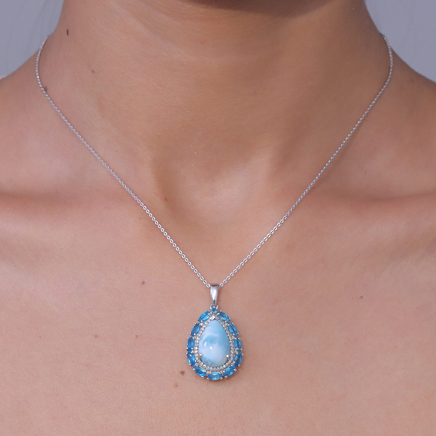 D'Joy AAA Larimar and Multi Gemstone 10.70 ctw Tidal Bloom Pendant Necklace in Rhodium Over Sterling Silver 20 Inches