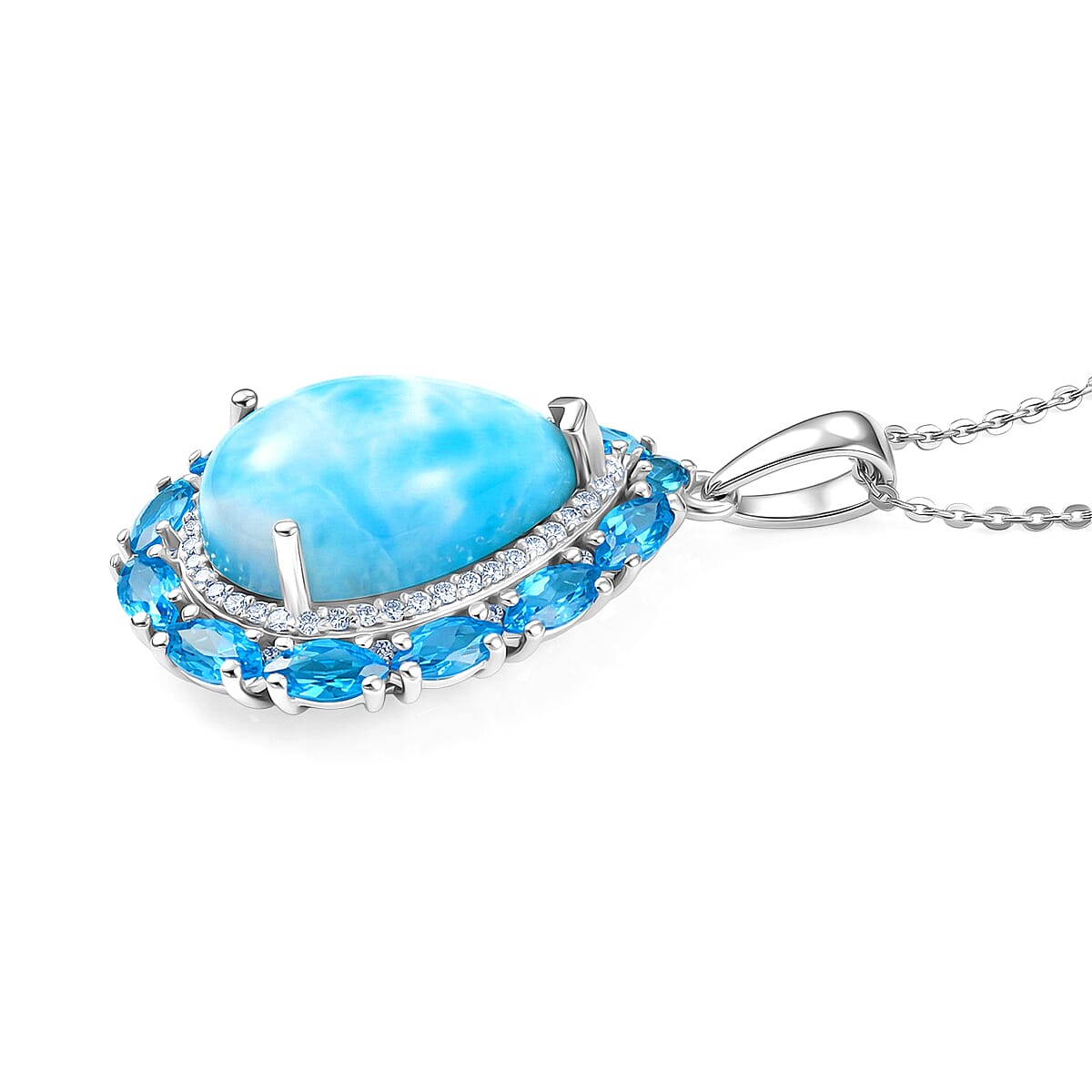 D'Joy AAA Larimar and Multi Gemstone 10.70 ctw Tidal Bloom Pendant Necklace in Rhodium Over Sterling Silver 20 Inches