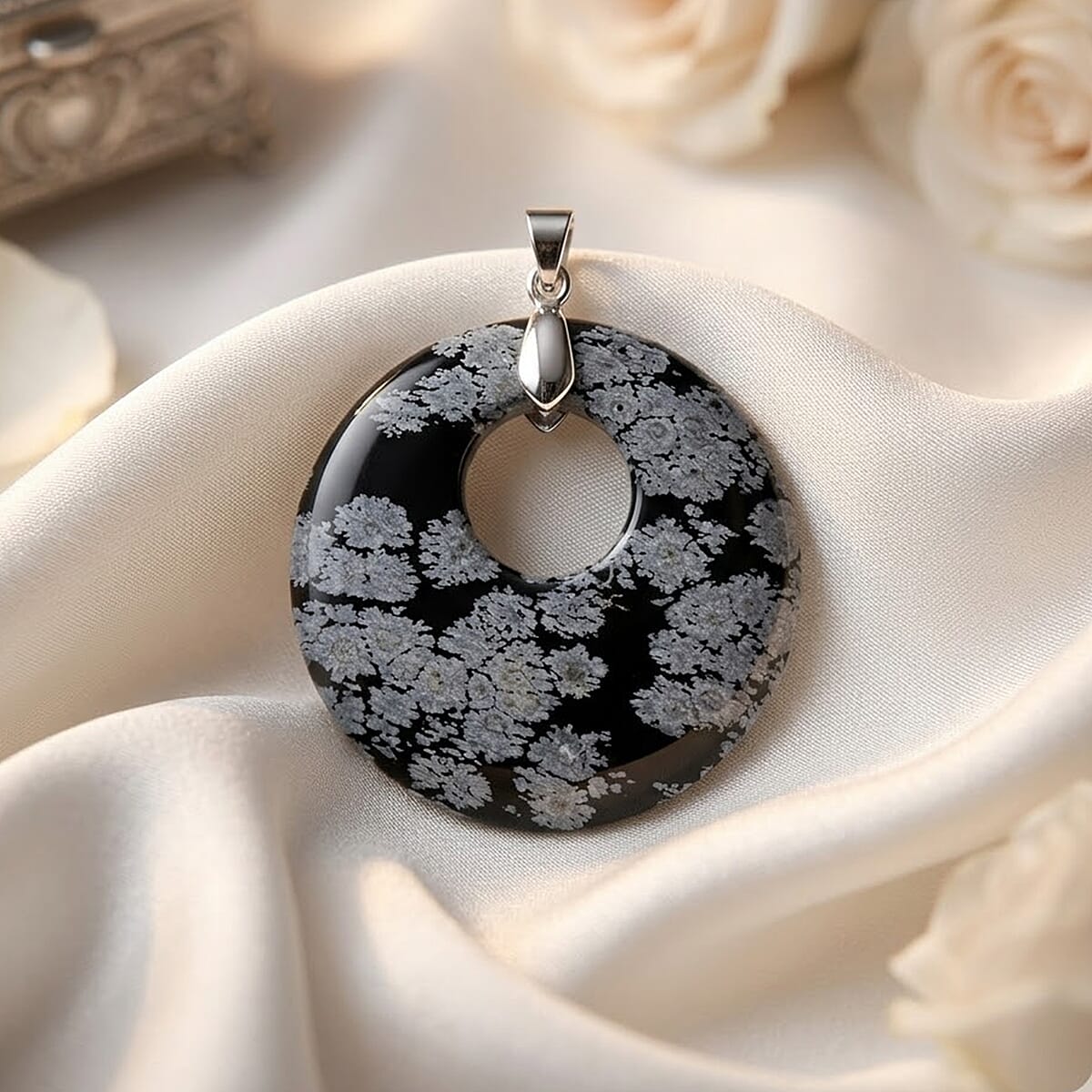 Snow Flake Jasper 50.20 ctw Donut Pendant in Silvertone with Stainless Steel Necklace (20 Inches) image number 1