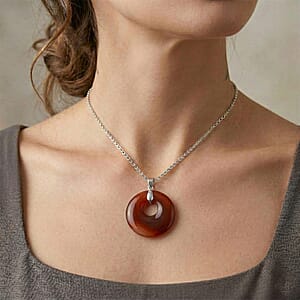 Red Agate 50.20 ctw Donut Pendant in Silvertone with Stainless Steel Necklace (20 Inches)