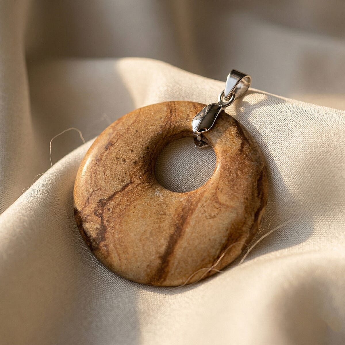 Wood Jasper 51.25 ctw Donut Pendant in Silvertone with Stainless Steel Necklace (20 Inches) image number 1