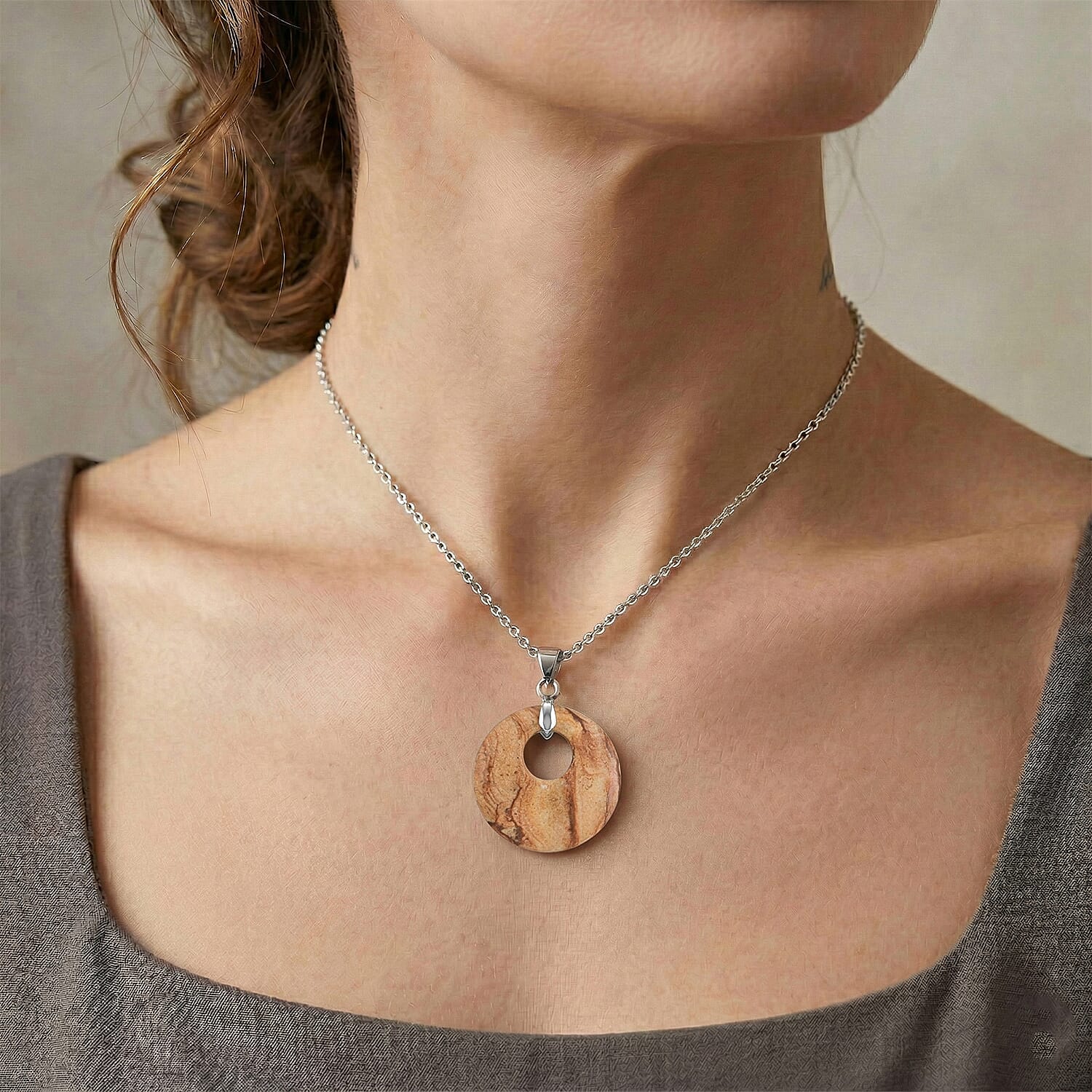 Wood Jasper 51.25 ctw Donut Pendant in Silvertone with Stainless Steel Necklace (20 Inches)
