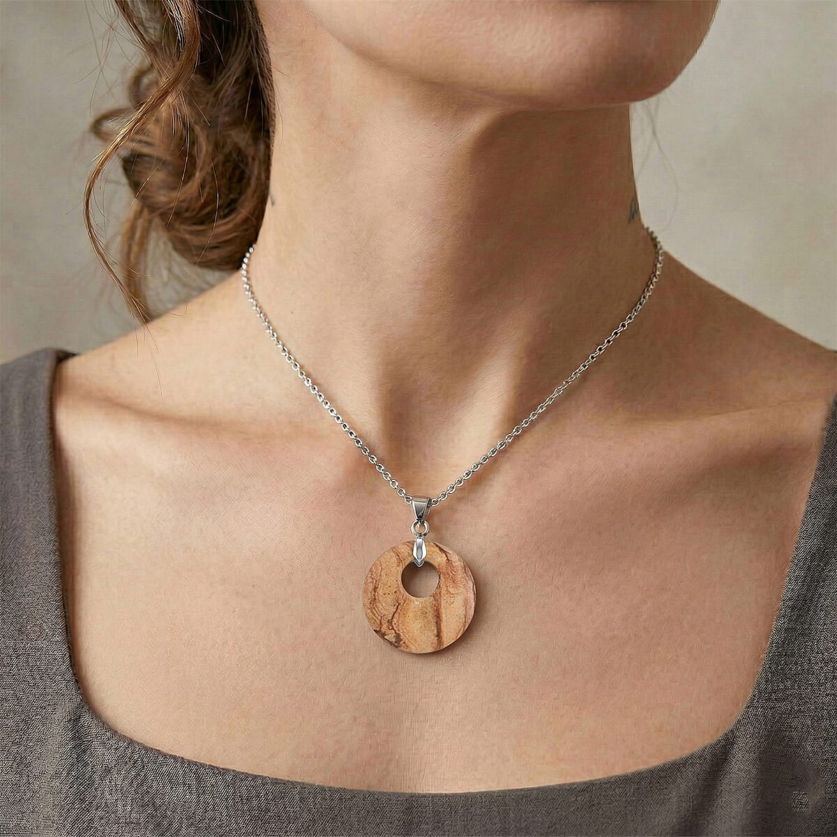 Wood Jasper 51.25 ctw Donut Pendant in Silvertone with Stainless Steel Necklace (20 Inches) image number 2