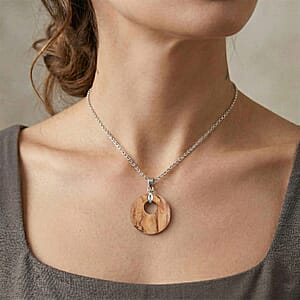 Wood Jasper 51.25 ctw Donut Pendant in Silvertone with Stainless Steel Necklace (20 Inches)
