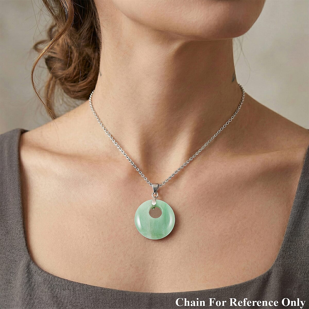 Green Aventurine 52.35 ctw Donut Pendant in Silvertone with Stainless Steel Necklace (20 Inches) image number 2