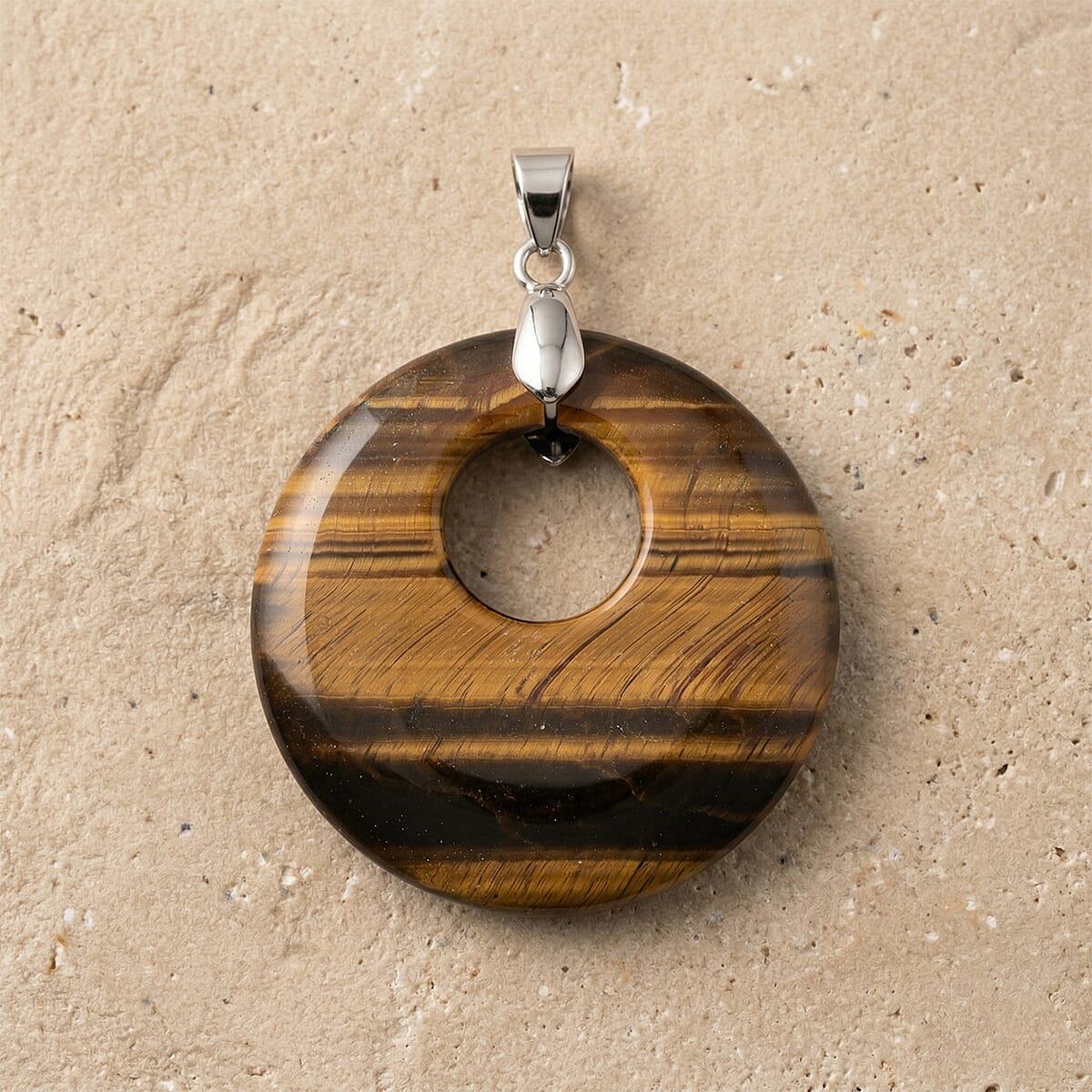 Tiger's Eye 52.35 ctw Donut Pendant in Silvertone with Stainless Steel Necklace (20 Inches) image number 1