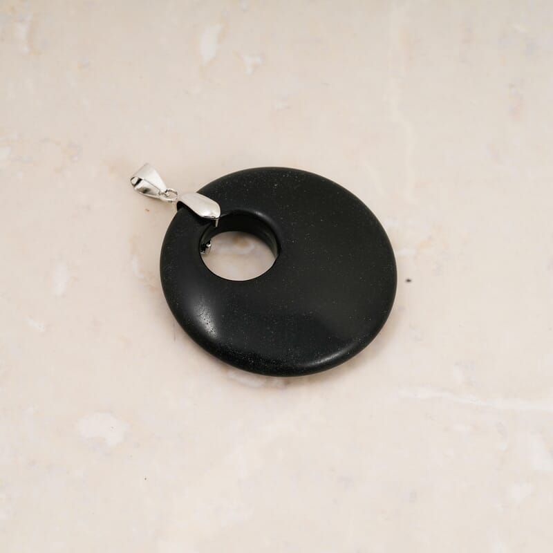 Black Obsidian 52.35 ctw Donut Pendant in Silvertone with Stainless Steel Necklace (20 Inches)