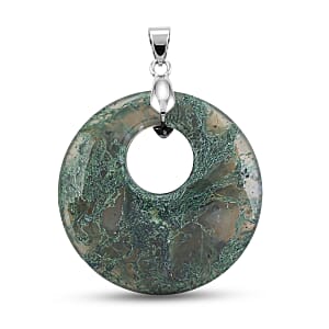 Moss Agate 52.35 ctw Donut Pendant in Silvertone with Stainless Steel Necklace (20 Inches)
