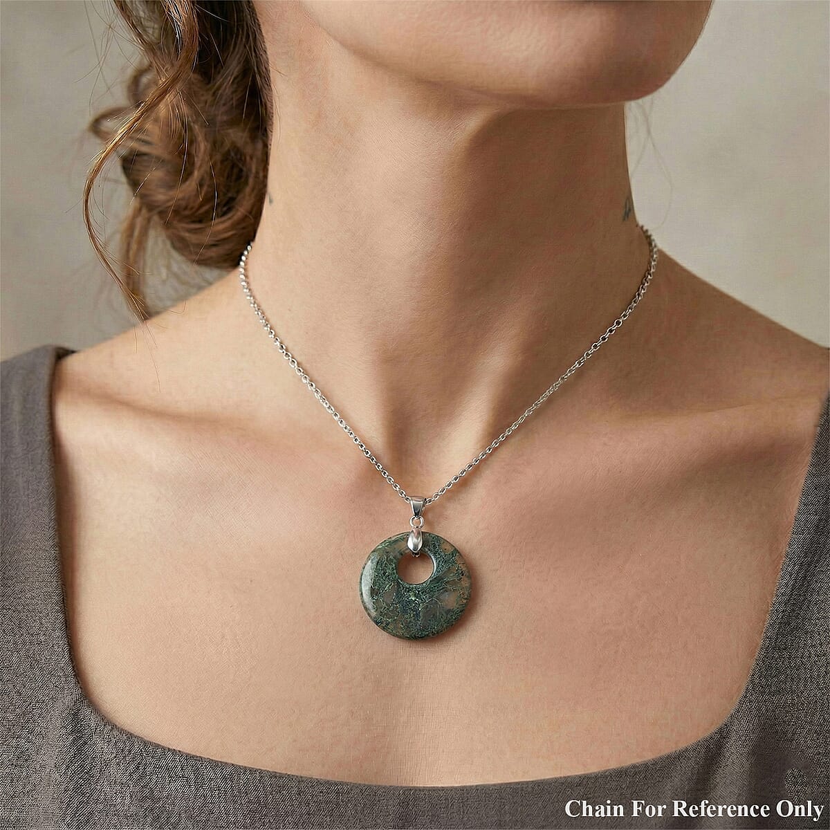 Moss Agate 52.35 ctw Donut Pendant in Silvertone with Stainless Steel Necklace (20 Inches) image number 2