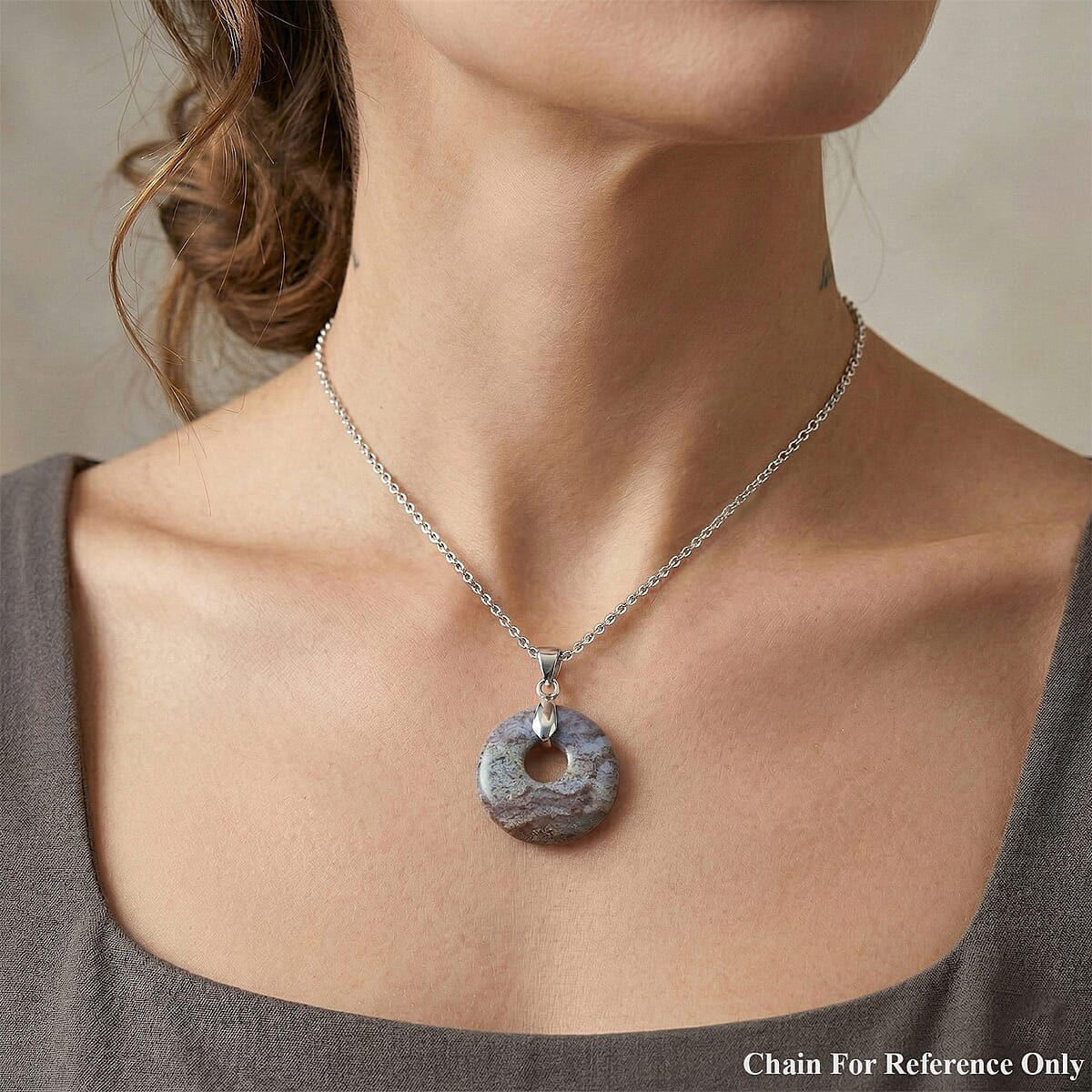Indian Agate 52.35 ctw Donut Pendant in Silvertone with Stainless Steel Necklace (20 Inches) image number 2