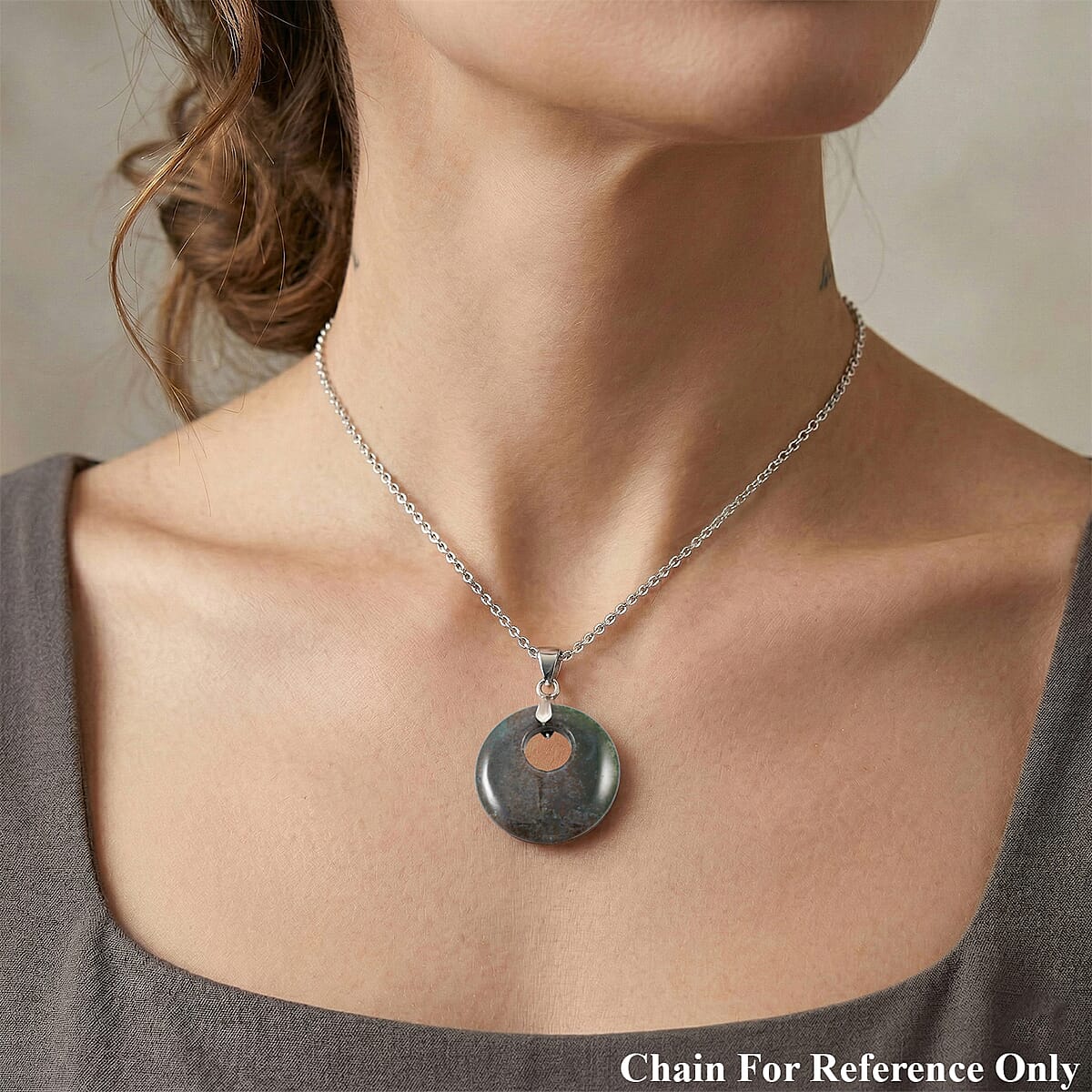 Fossil Coral Jasper 52.35 ctw Donut Pendant in Silvertone with Stainless Steel Necklace (20 Inches) image number 2