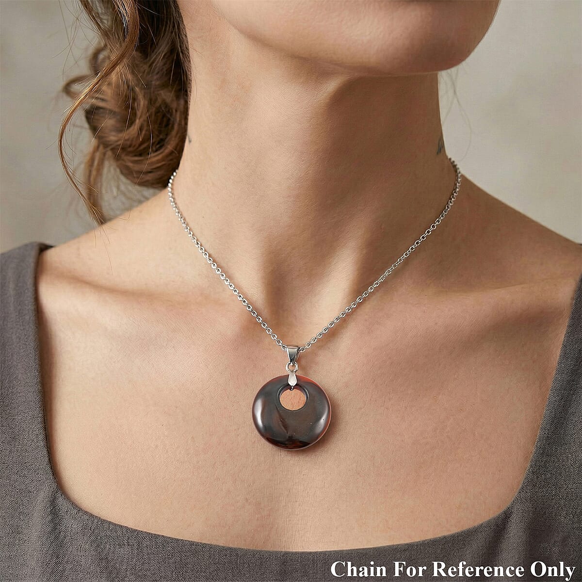 Carnelian Agate 52.35 ctw Donut Pendant in Silvertone with Stainless Steel Necklace (20 Inches) image number 2
