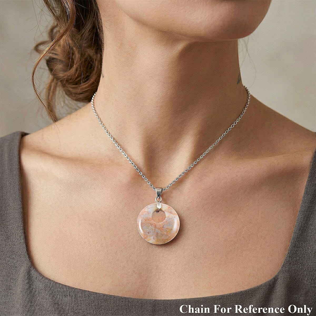 Picture Jasper 52.35 ctw Donut Pendant in Silvertone with Stainless Steel Necklace (20 Inches) image number 2