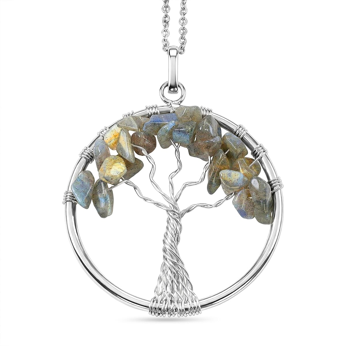 Malagasy Labradorite 5.25 ctw Tree of Life Pendant in Silvertone with Stainless Steel Necklace (20 Inches)