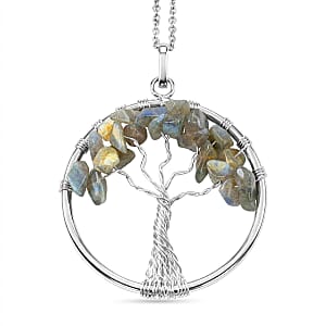 Malagasy Labradorite 5.25 ctw Tree of Life Pendant in Silvertone with Stainless Steel Necklace (20 Inches)