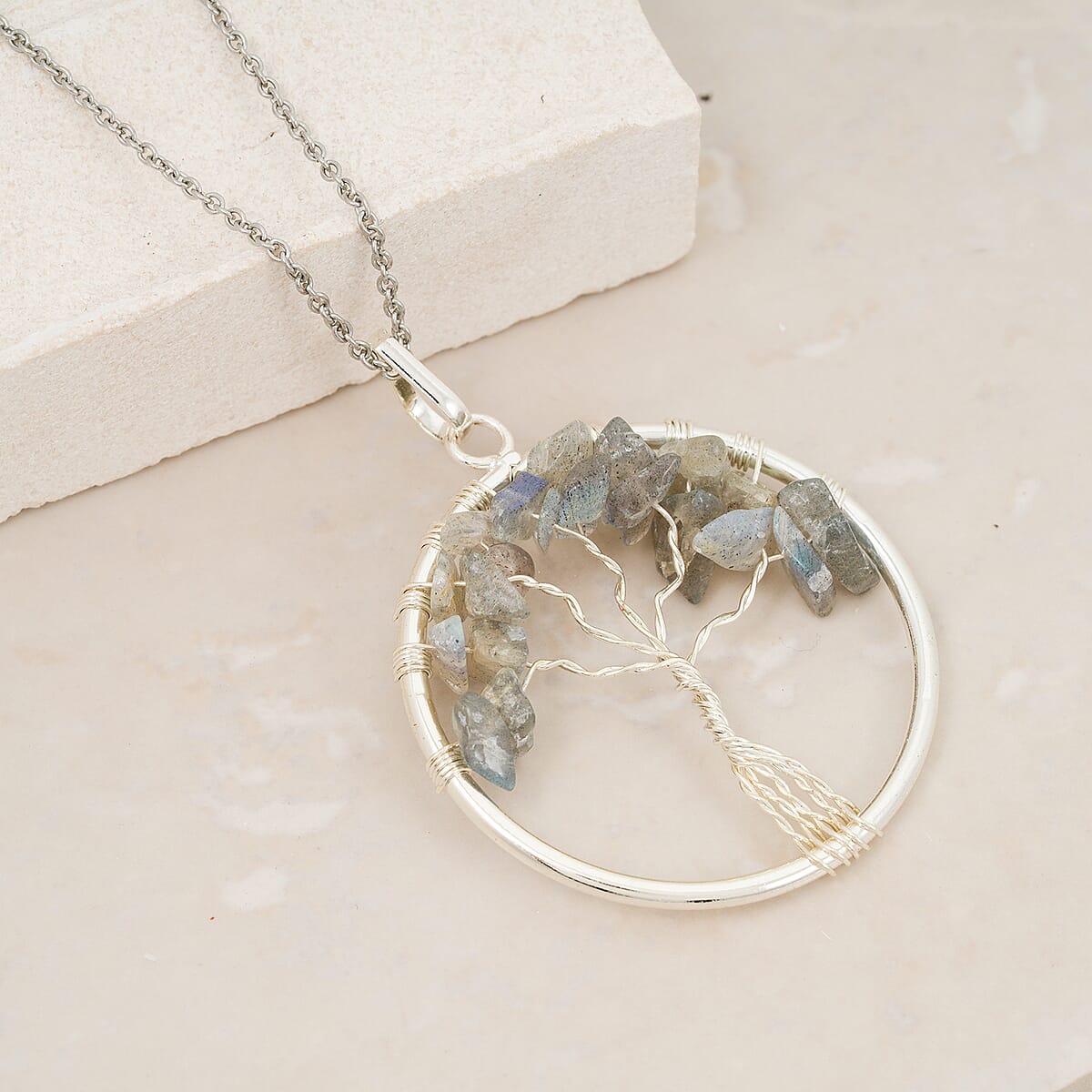 Malagasy Labradorite 5.25 ctw Tree of Life Pendant in Silvertone with Stainless Steel Necklace (20 Inches) image number 1