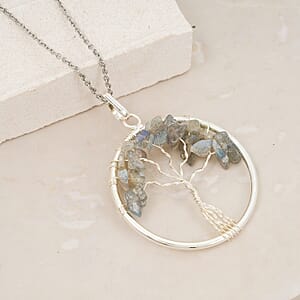 Malagasy Labradorite 5.25 ctw Tree of Life Pendant in Silvertone with Stainless Steel Necklace (20 Inches)