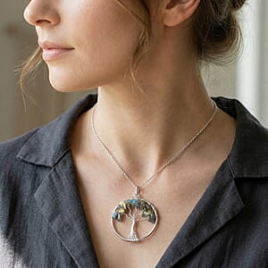 Malagasy Labradorite 5.25 ctw Tree of Life Pendant in Silvertone with Stainless Steel Necklace (20 Inches)