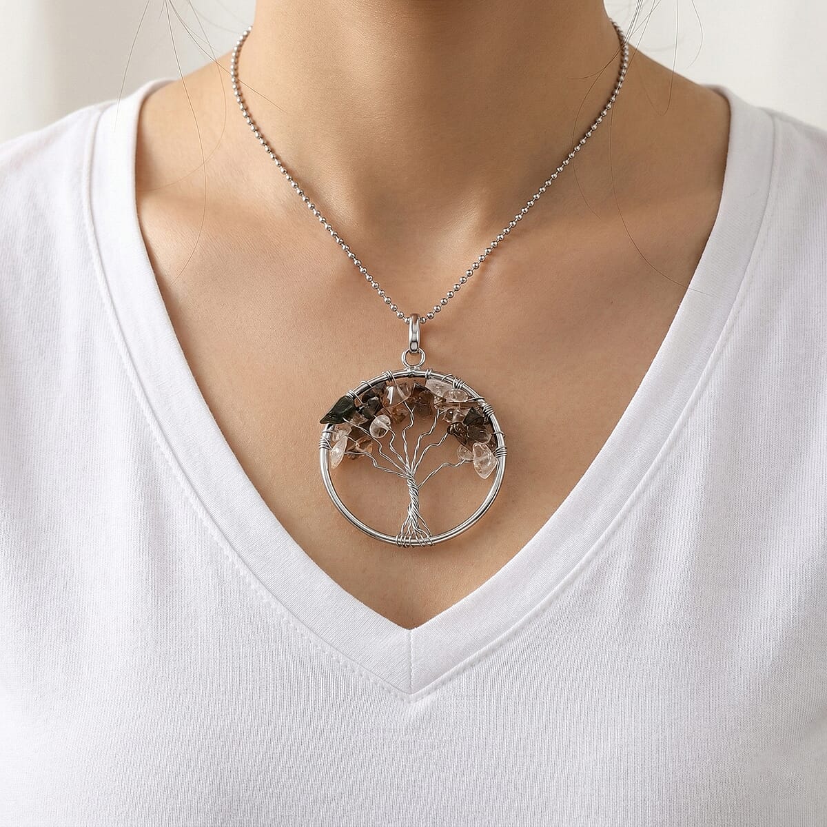 Clear Quartz 5.25 ctw Tree of Life Pendant in Silvertone with Stainless Steel Necklace (20 Inches) image number 2