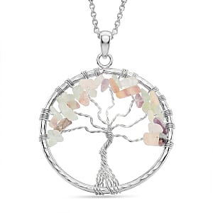 Multi Gemstone 5.25 ctw Tree of Life Pendant in Silvertone with Stainless Steel Necklace (20 Inches)