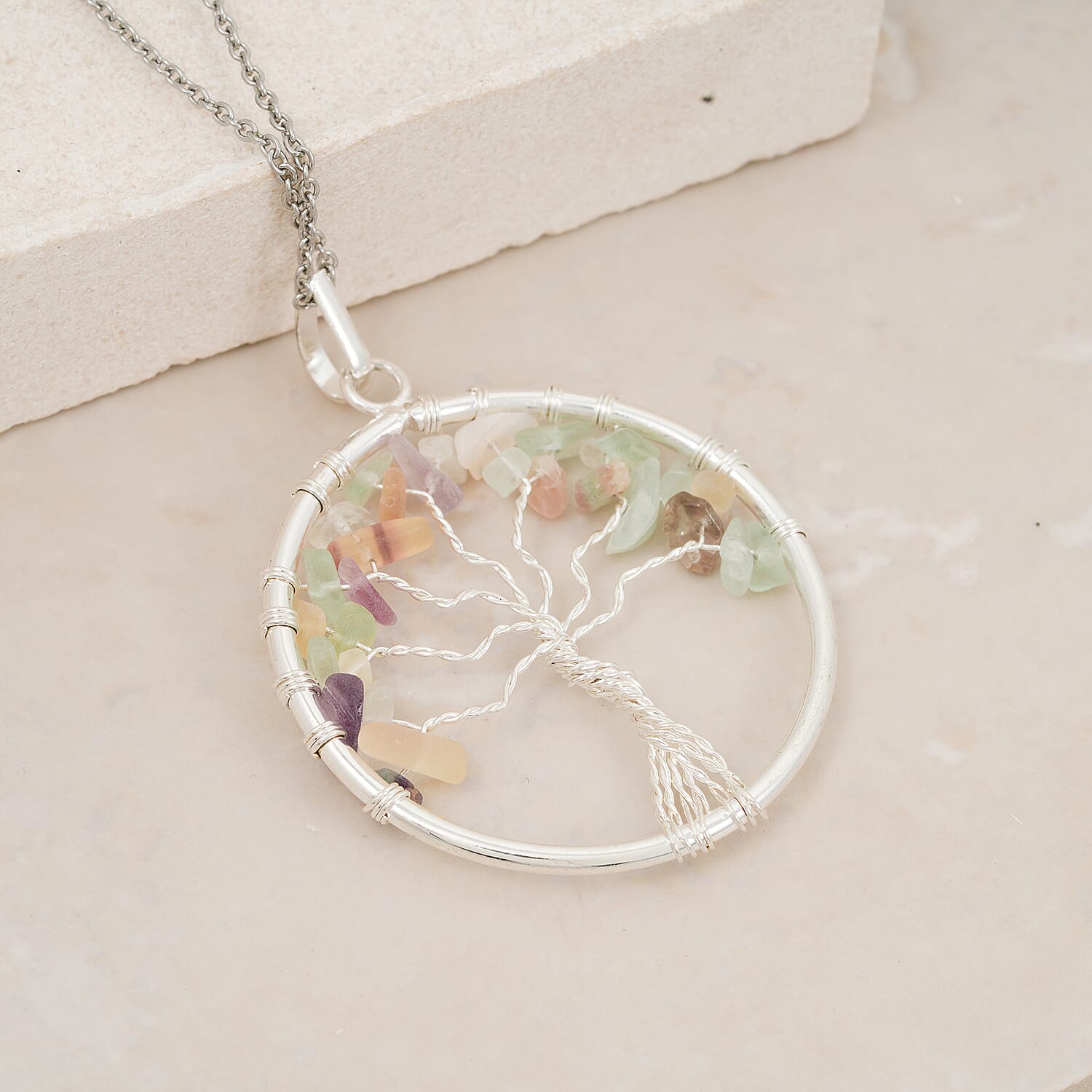 Multi Gemstone 5.25 ctw Tree of Life Pendant in Silvertone with Stainless Steel Necklace (20 Inches)