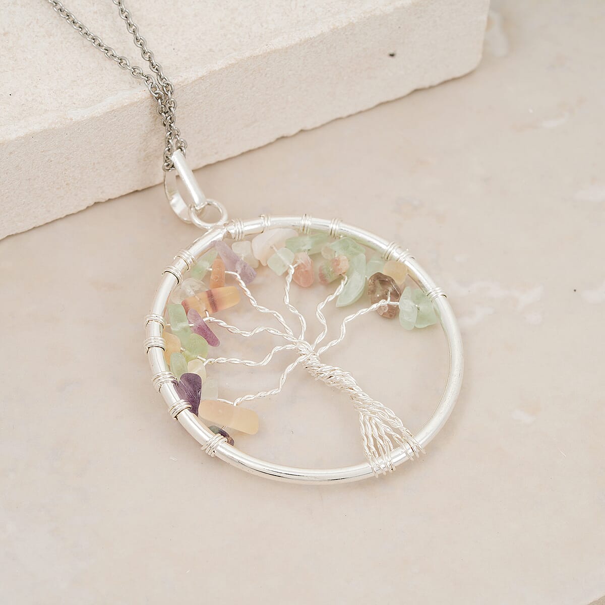 Multi Gemstone 5.25 ctw Tree of Life Pendant in Silvertone with Stainless Steel Necklace (20 Inches) image number 1