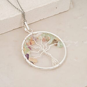 Multi Gemstone 5.25 ctw Tree of Life Pendant in Silvertone with Stainless Steel Necklace (20 Inches)