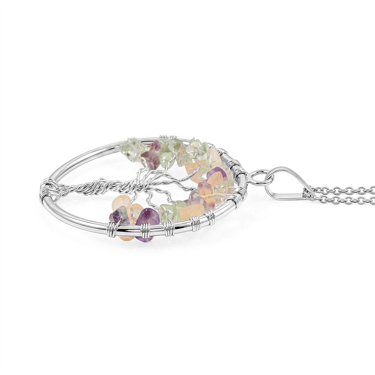Multi Gemstone 5.25 ctw Tree of Life Pendant in Silvertone with Stainless Steel Necklace (20 Inches)