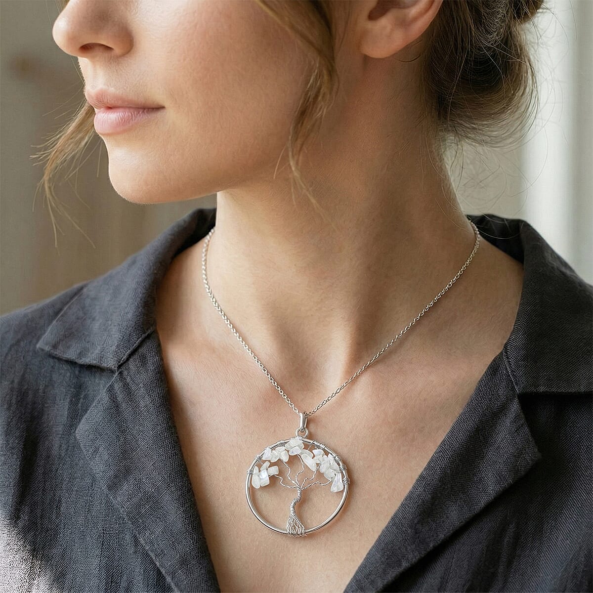 Howlite 5.25 ctw Tree of Life Pendant in Silvertone with Stainless Steel Necklace (20 Inches) image number 2