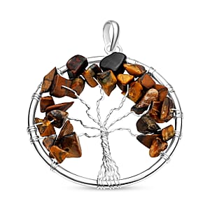 Tiger's Eye 5.25 ctw Tree of Life Pendant in Silvertone with Stainless Steel Necklace (20 Inches)