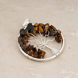 Tiger's Eye 5.25 ctw Tree of Life Pendant in Silvertone with Stainless Steel Necklace (20 Inches)