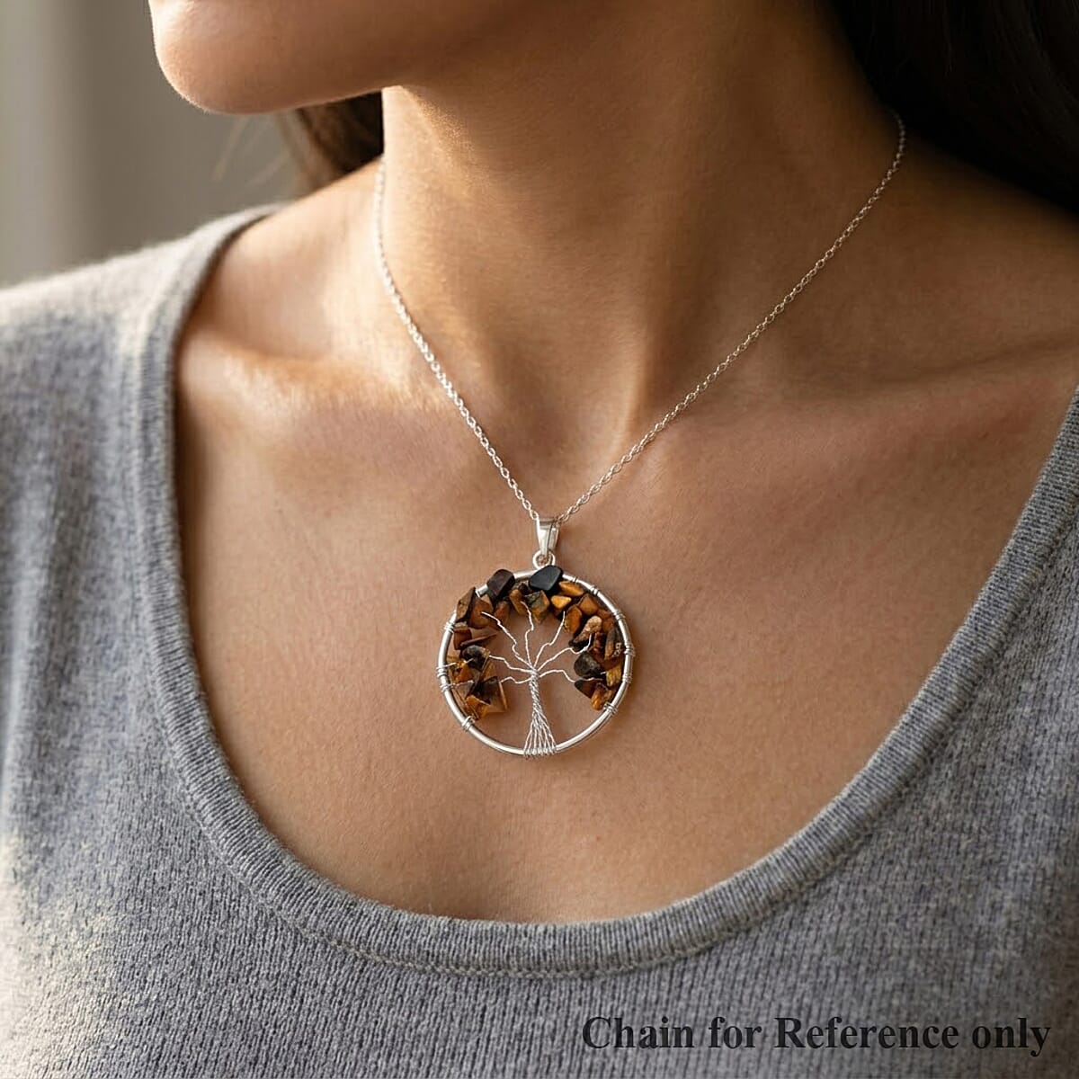 Tiger's Eye 5.25 ctw Tree of Life Pendant in Silvertone with Stainless Steel Necklace (20 Inches) image number 2